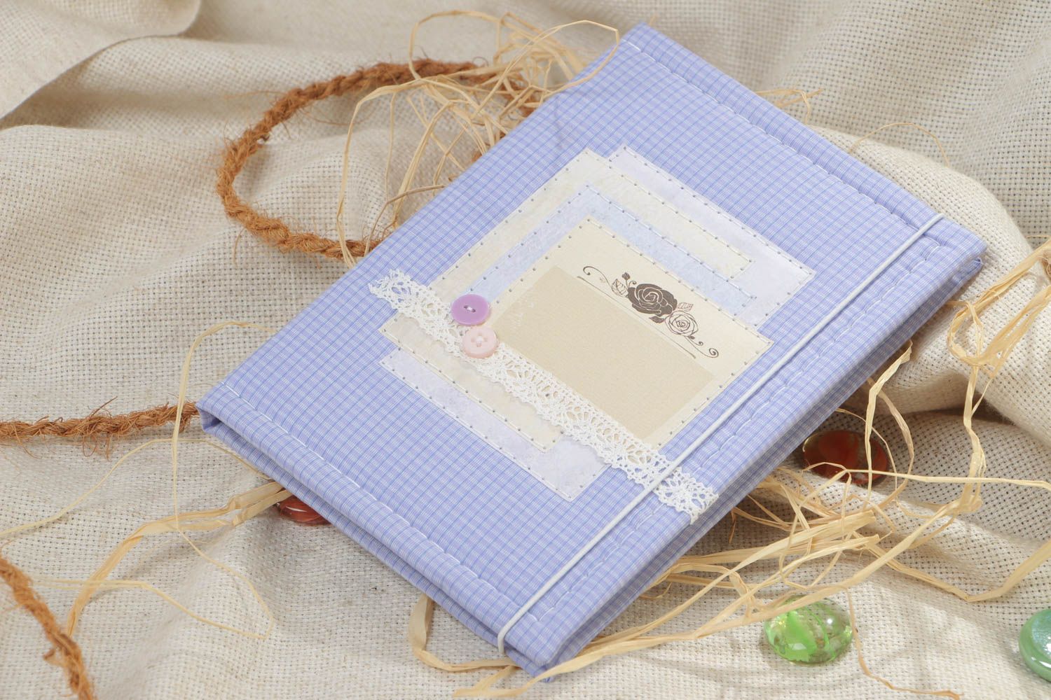 Handmade decorative notebook with violet cotton fabric cover decorated with lace photo 1