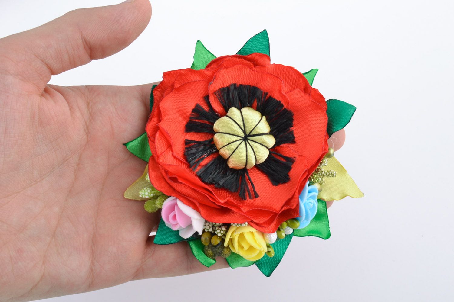 Handmade large volume colorful floral hair clip with satin ribbons and felt photo 2