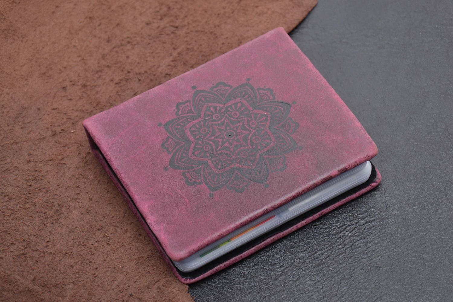Leather business card holder with pattern of cherry color photo 2