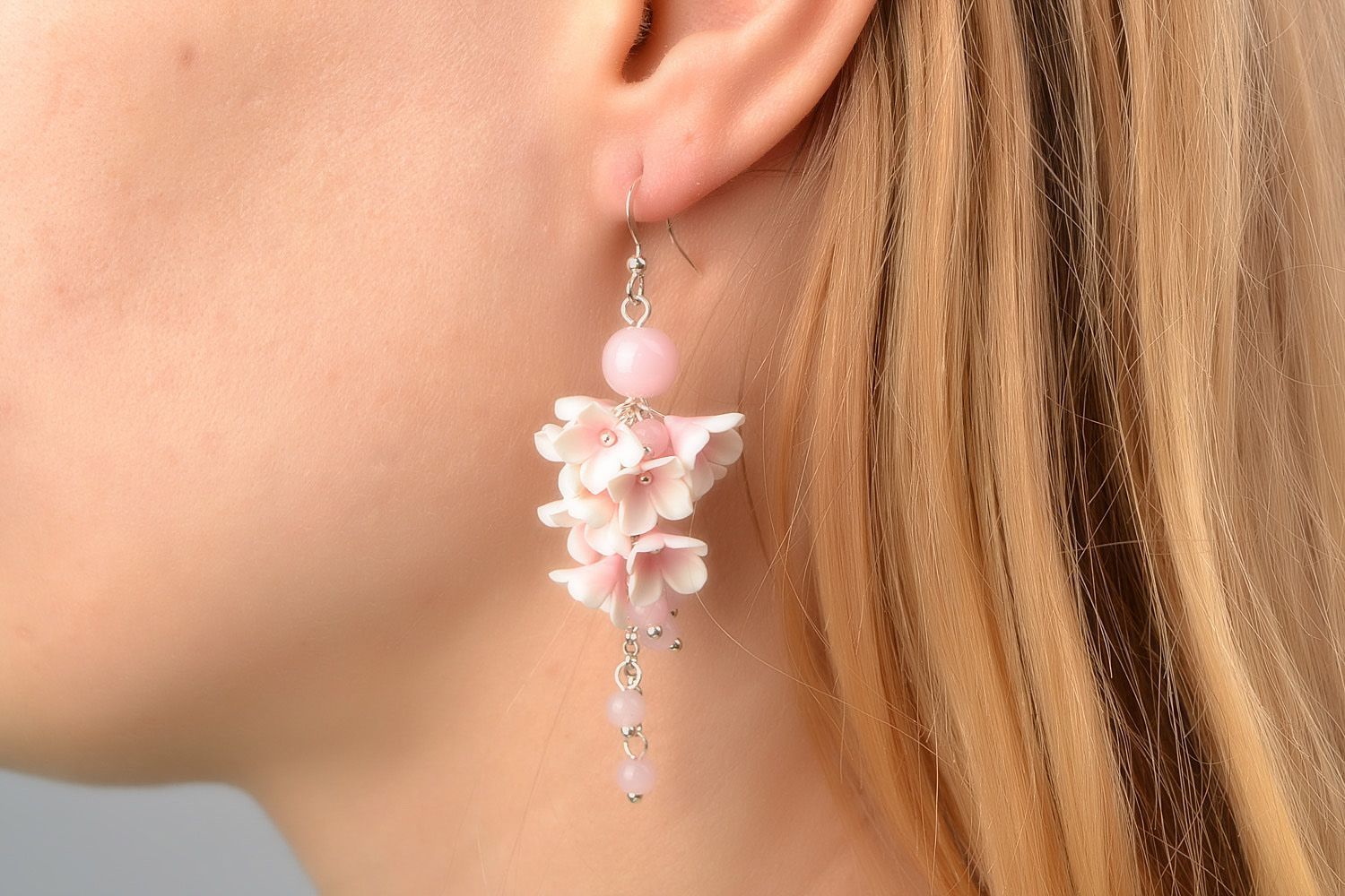 Magnificent polymer clay floral earrings in tender pink color with beads photo 2