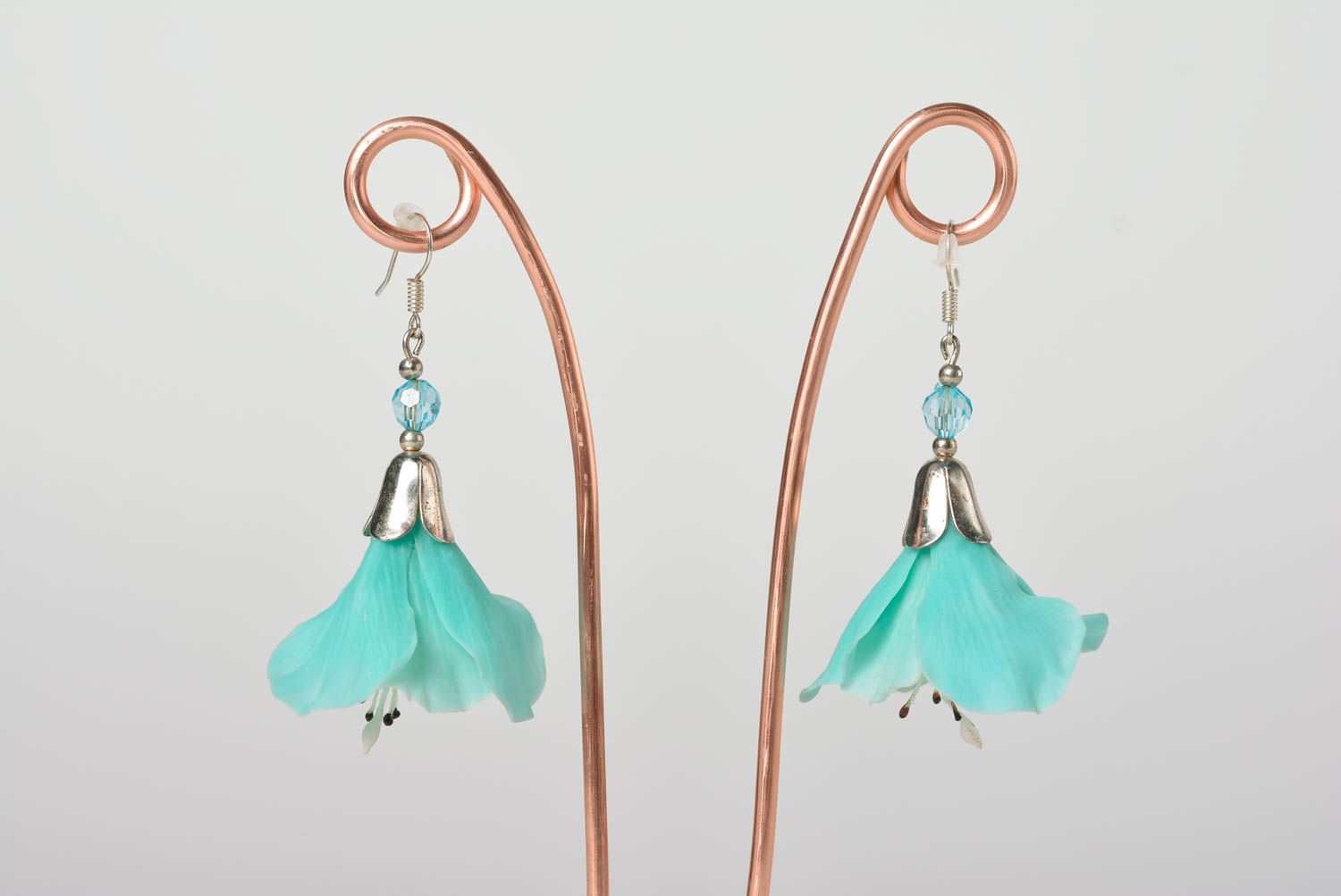 Beautiful blue handmade polymer clay flower earrings designer jewelry photo 1