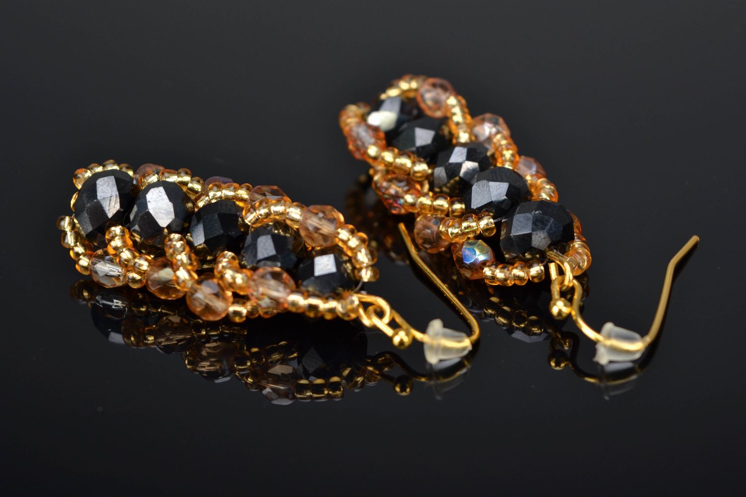 Black and gold long beaded earrings with crystals photo 1