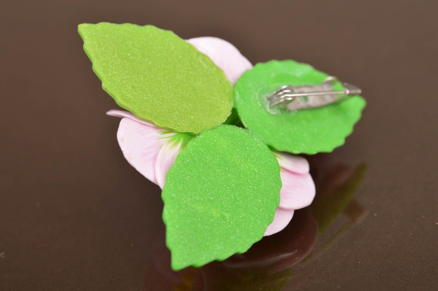 Handmade designer volume brooch with polymer clay pink flowers and bud photo 5