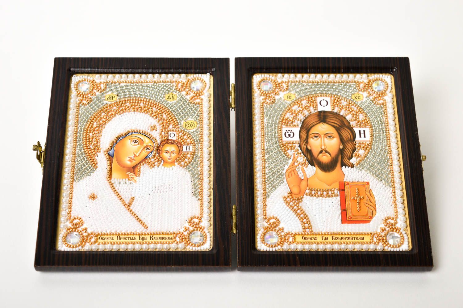 Икона ручной работы икона вышитая бисером красивая икона Казанская и Иисус фото 2