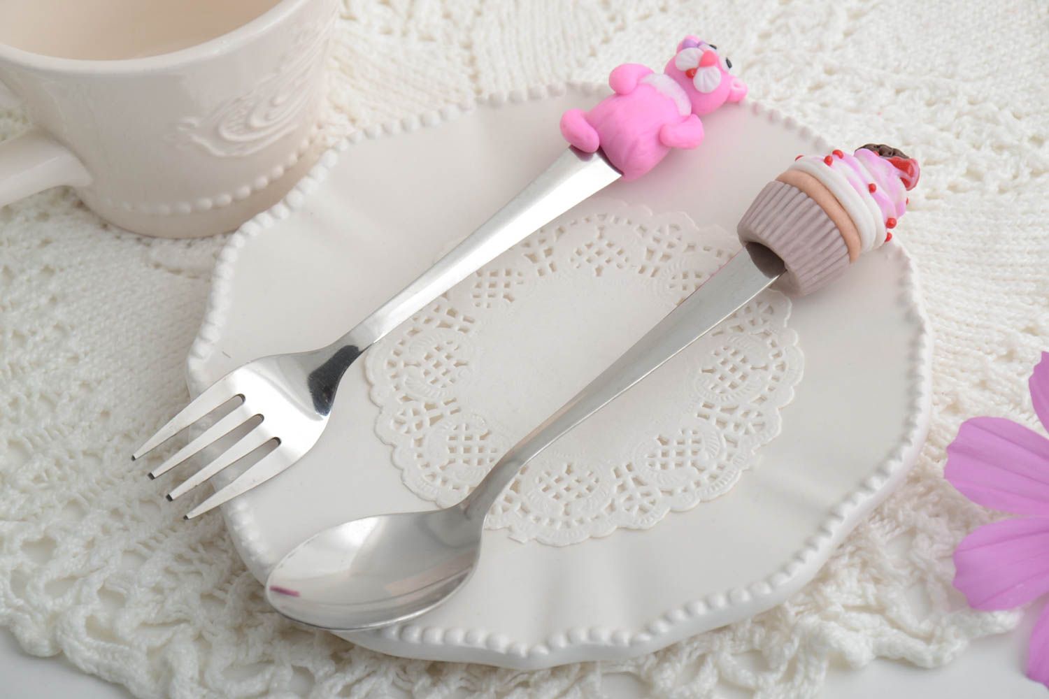 Beautiful set of handmade cutlery made of plastic pink fork and spoon  photo 1