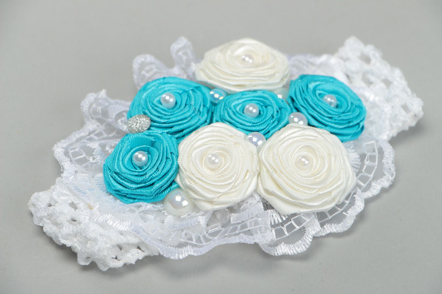 Stylish handmade floral headband with satin ribbons in white and blue colors photo 1