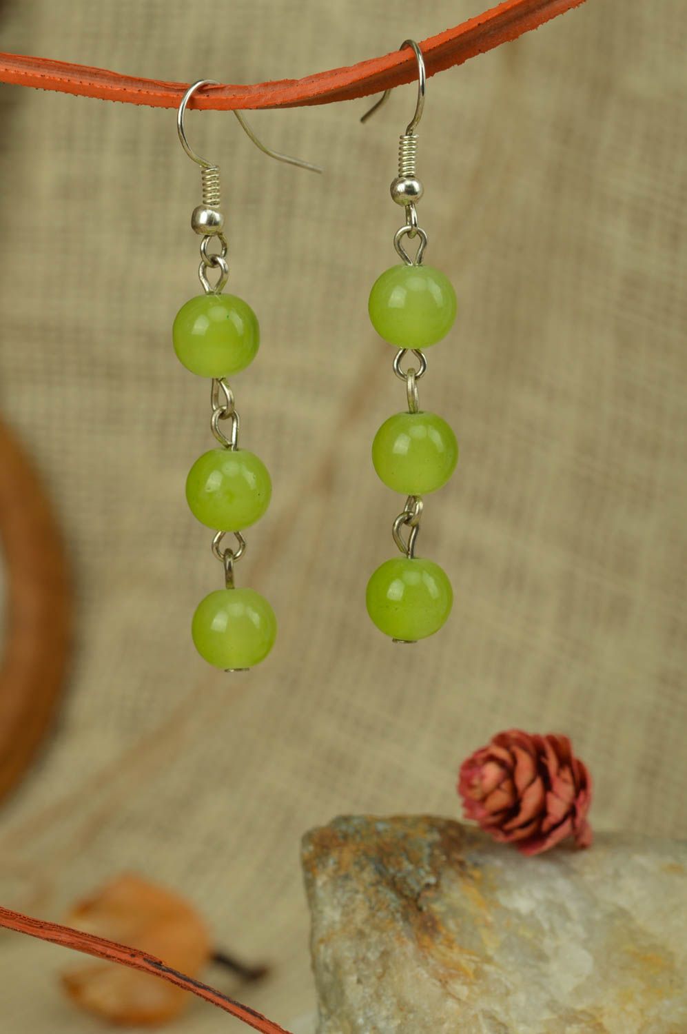Handmade designer summer dangle earrings with tender green round beads photo 1