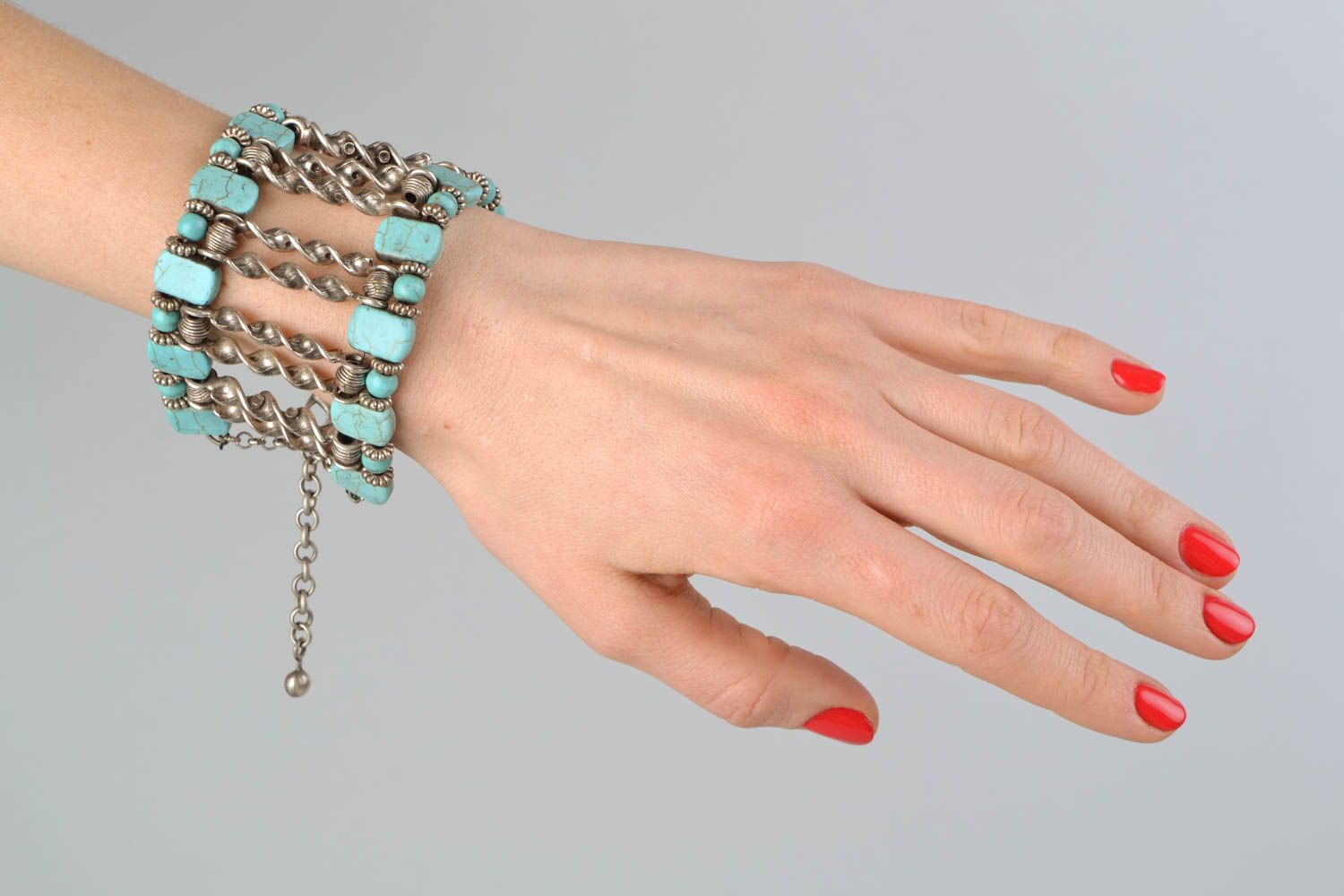 Wide metal bracelet with turquoise photo 2