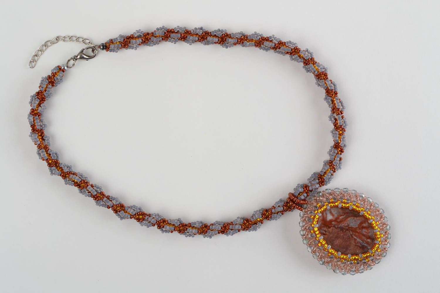Beaded long designer handmade pendant made of natural stones  photo 2