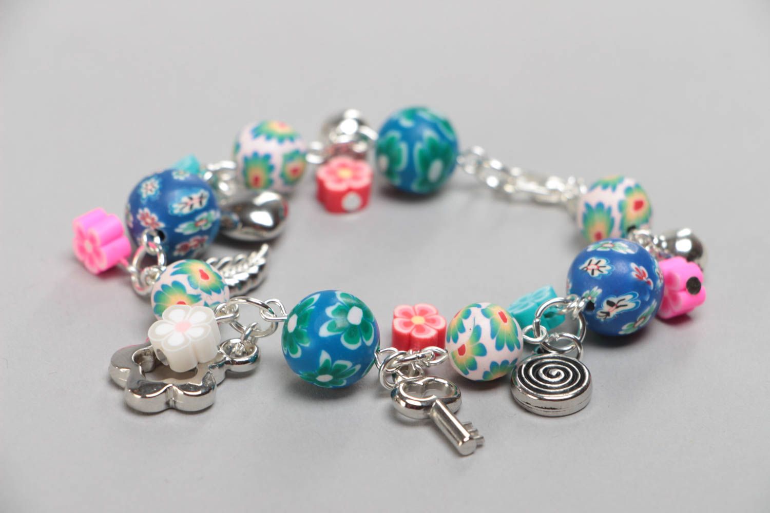 Charm bracelet for teen girls with blue and pink colorful beads photo 2