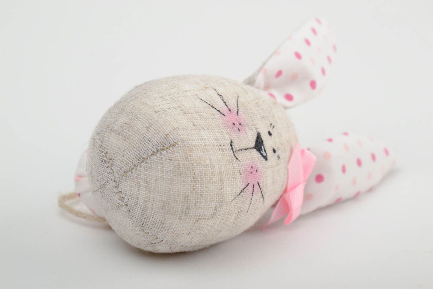 Small handmade wall hanging cotton fabric soft toy rabbit with pink bow  photo 4