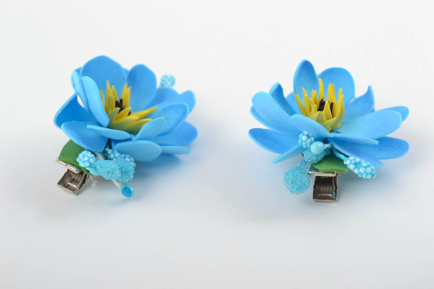 Set of handmade hair clips with flowers made of foamiran blue hairpins photo 9