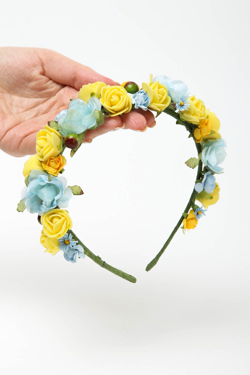Serre-tête fleurs fait main Accessoire cheveux jaune et bleu Cadeau insolite photo 5