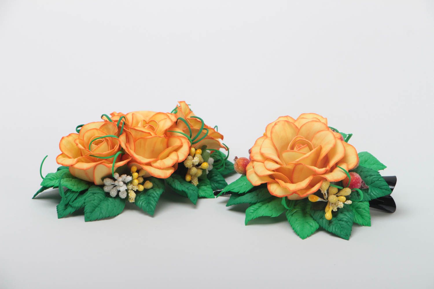 Ensemble de barrettes à cheveux en foamiran fleurs orange faites main 2 pièces photo 3