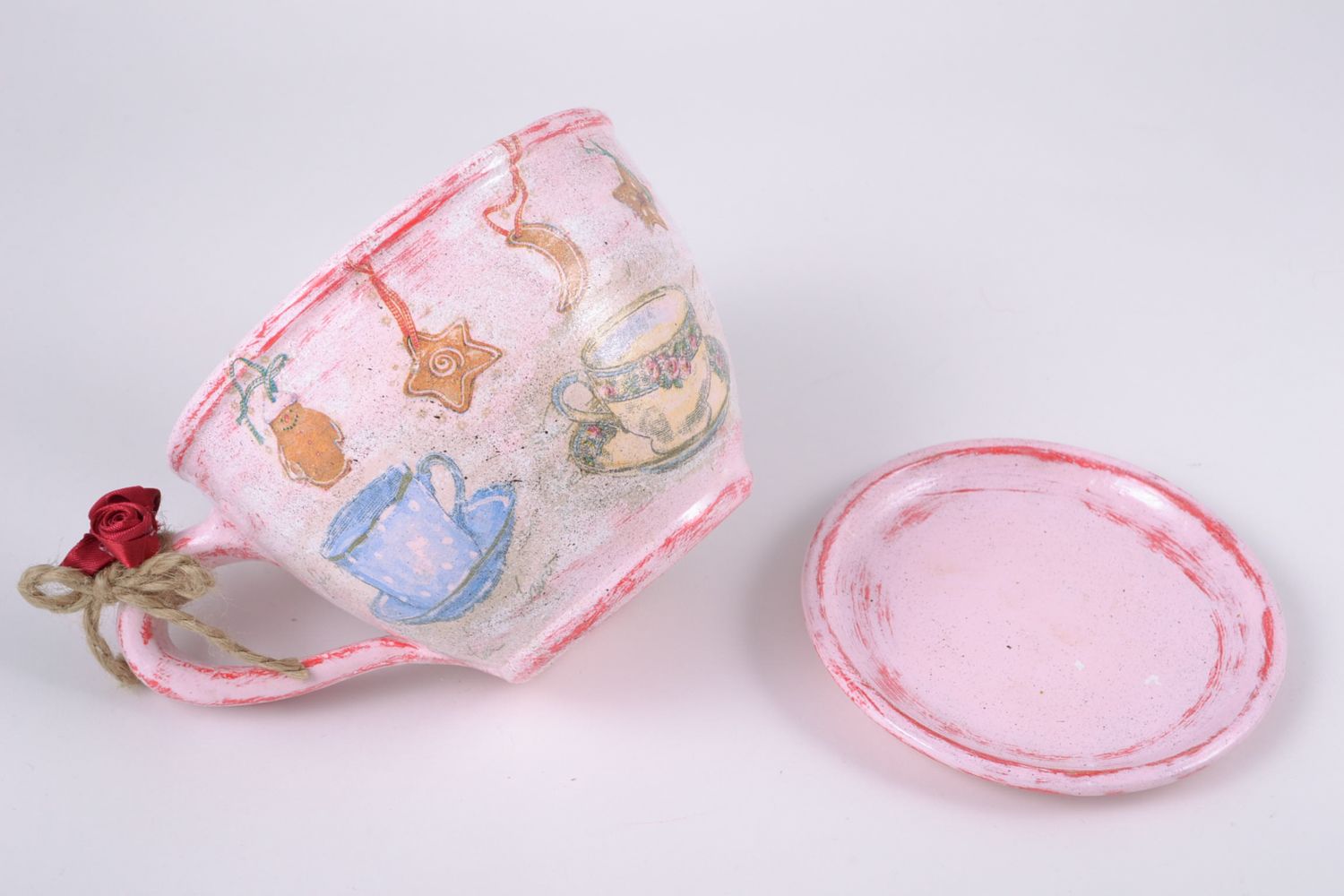 Pot de fleur en céramique cuit au lait original en forme de tasse rose fait main photo 5