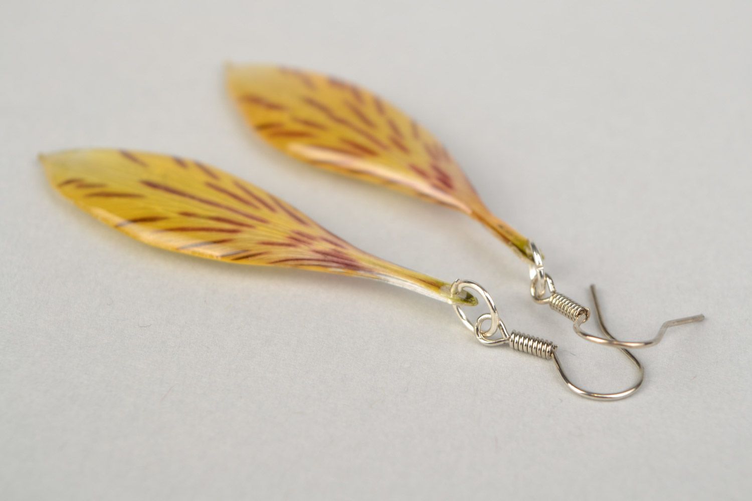 Handmade yellow and red dangle earrings with alstroemeria flower in epoxy resin photo 4
