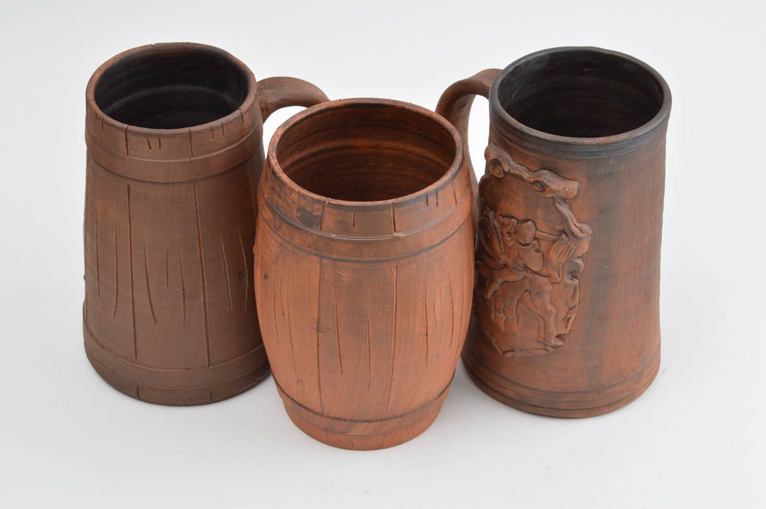 Set of 3 different clay beer mugs in German-style in dark brown color 4,46 lb photo 3