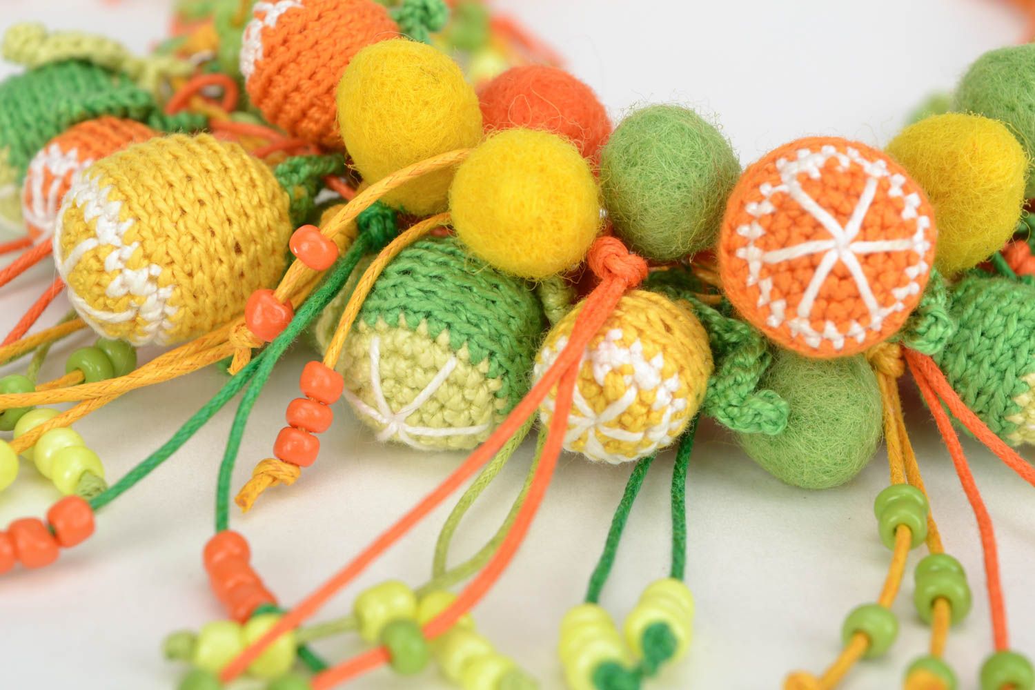 Handmade bead necklace crocheted over with cotton threads Citrus Bouquet photo 4