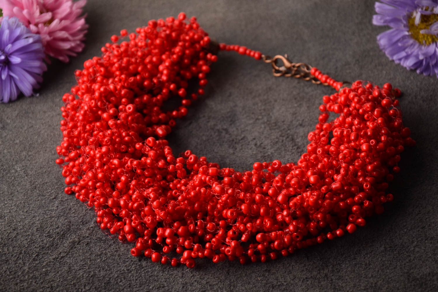 Handmade red beaded necklace unusual elegant necklace stylish female jewelry photo 1