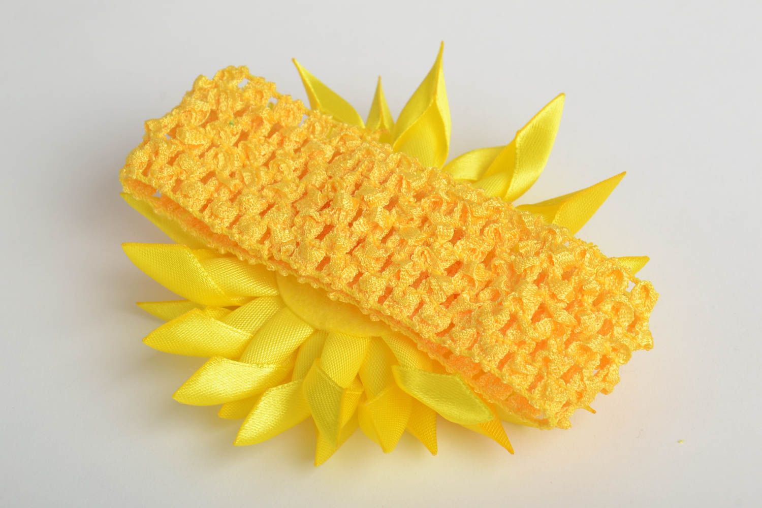 Handmade decorative headband with bright yellow kanzashi flower for children photo 4