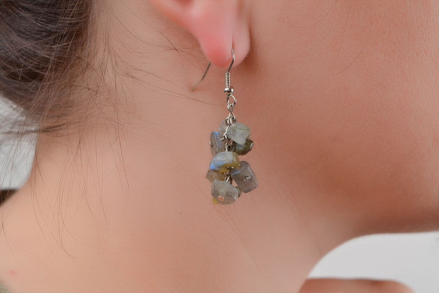 Cute handmade beautiful dark grey earrings with charms made of natural stone  photo 2