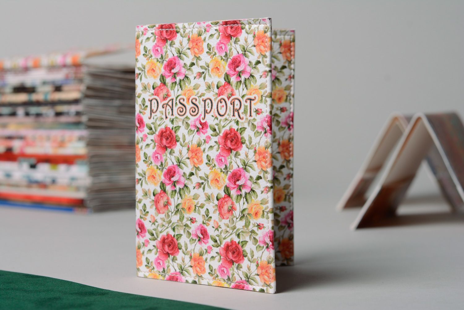 Homemade leather passport cover with print Roses photo 1