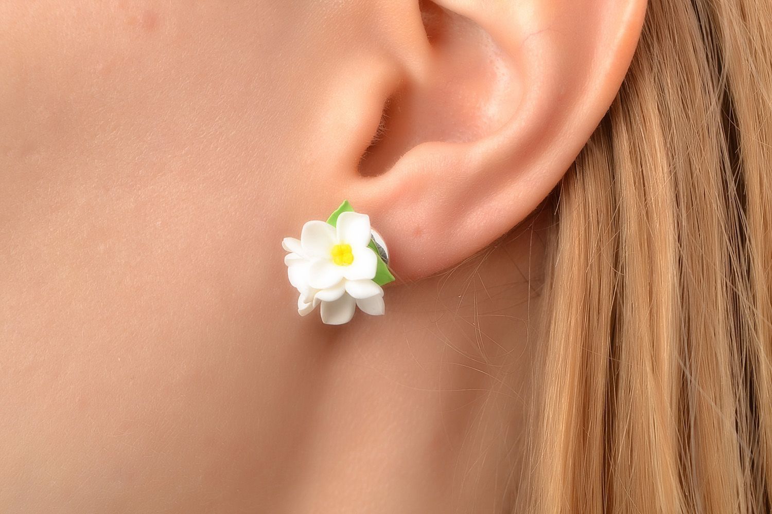 Handmade small stud earrings in the shape of polymer clay lilies of the valleys photo 2