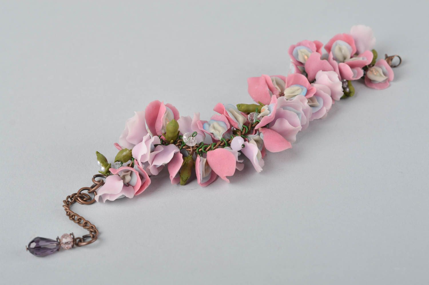 Bracelet fleurs roses Bijou fait main en pâte polymère Cadeau pour femme photo 2