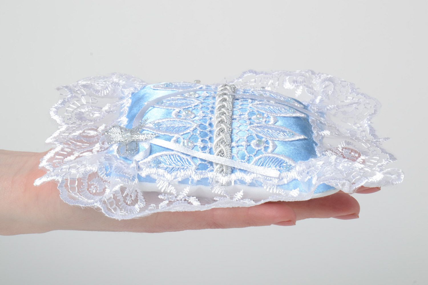 Handmade wedding rings pillow sewn of blue satin with white lace and Czech beads photo 5