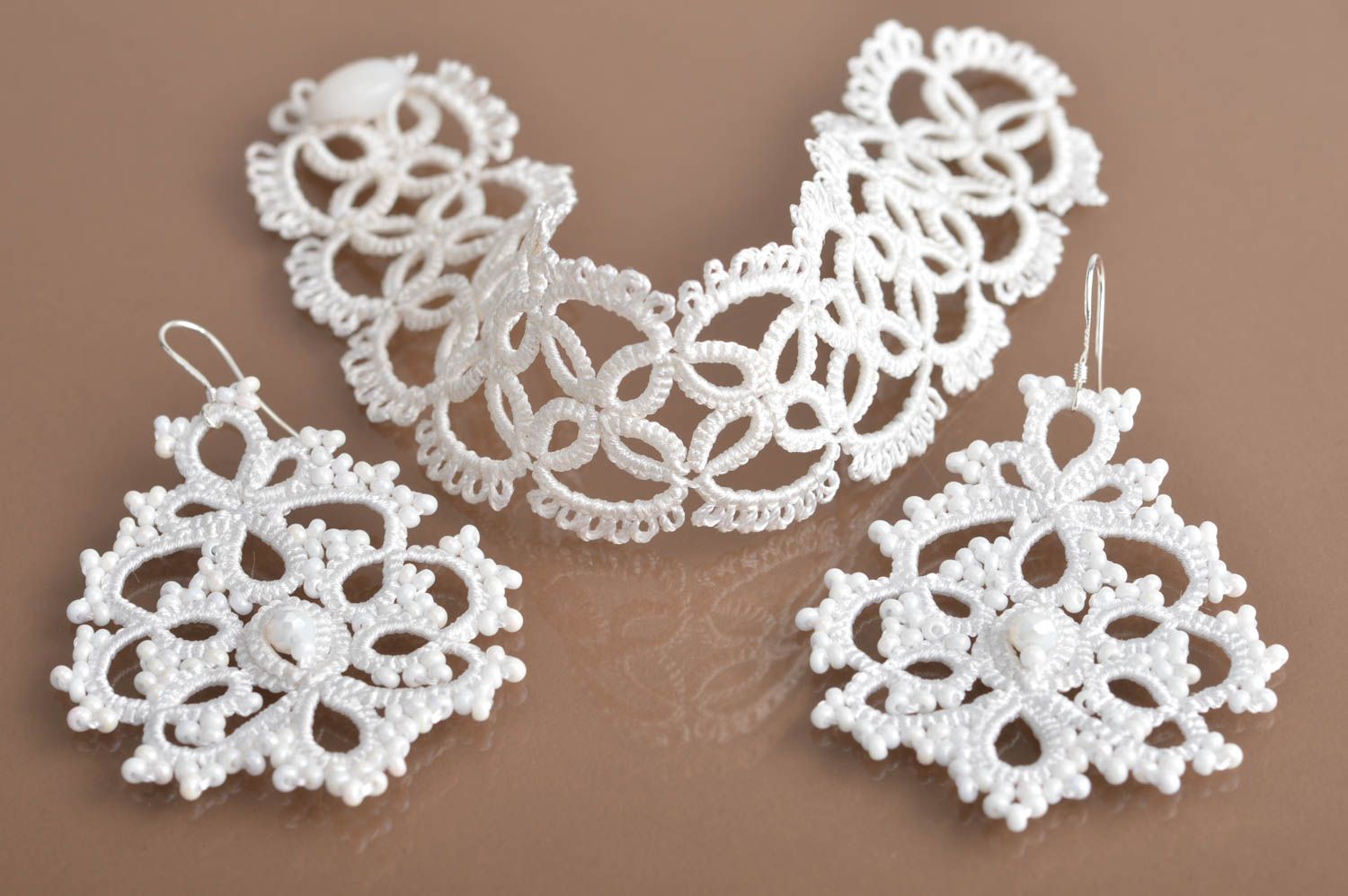 Beautiful handmade designer tatting earrings and bracelet lace jewelry set photo 2
