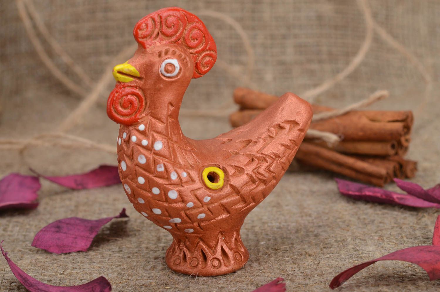 Painted stylish unusual handmade toy whistle covered with glaze Rooster photo 1