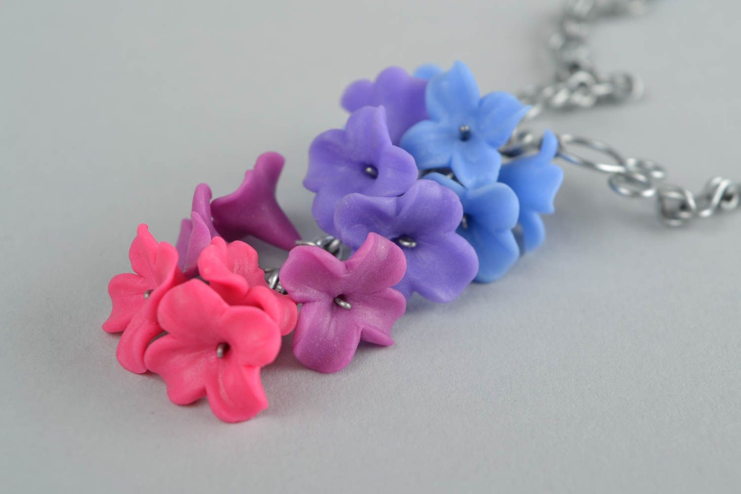 Beautiful bright homemade designer polymer clay flower pendant on cords Lilac photo 4