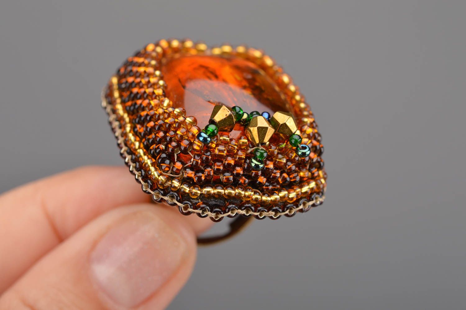 Handmade stylish unusual ring embroidered with beads with natural stone photo 2