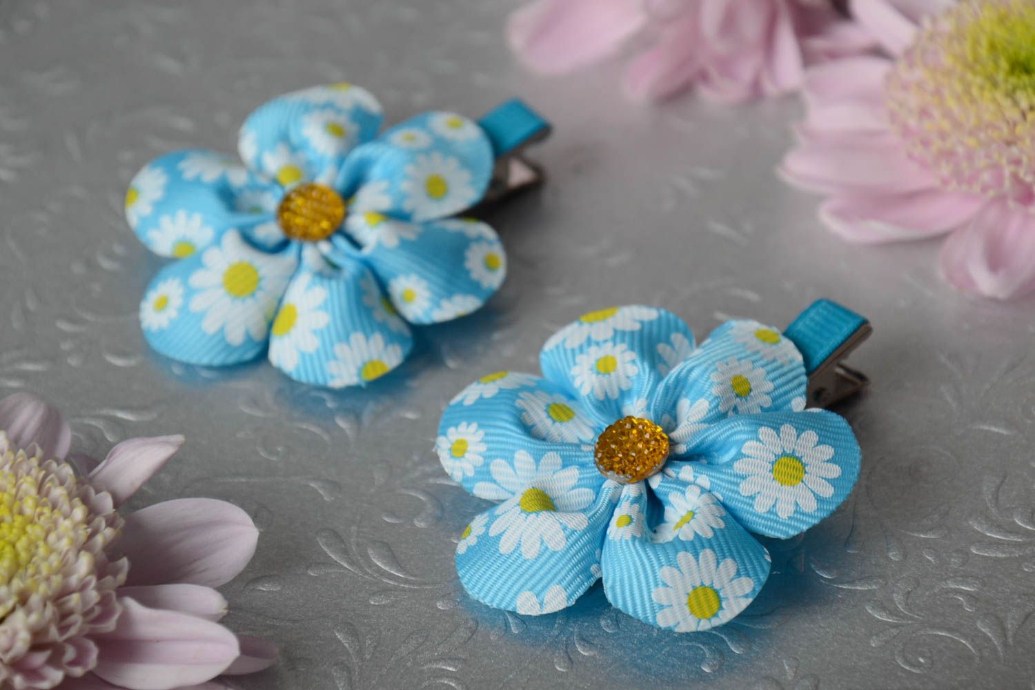 Set of 2 homemade hair clips with blue satin ribbon flowers with pattern photo 1