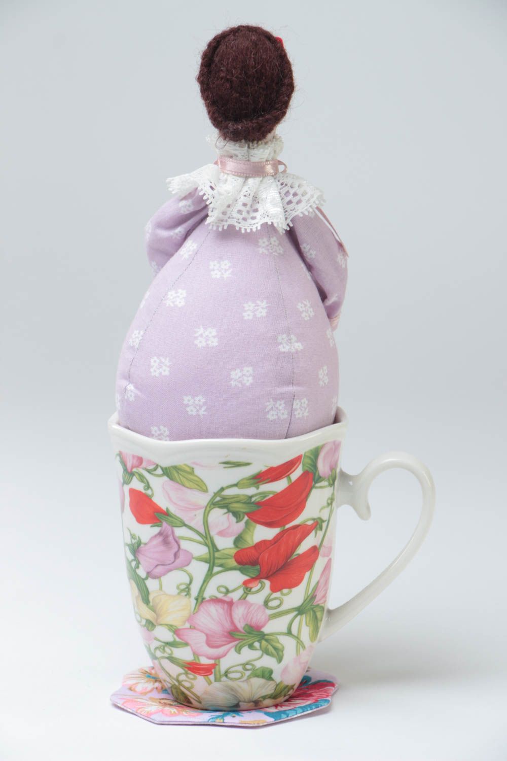 Handmade cotton and linen fabric soft doll Tea Fairy in lilac dress with cup photo 4