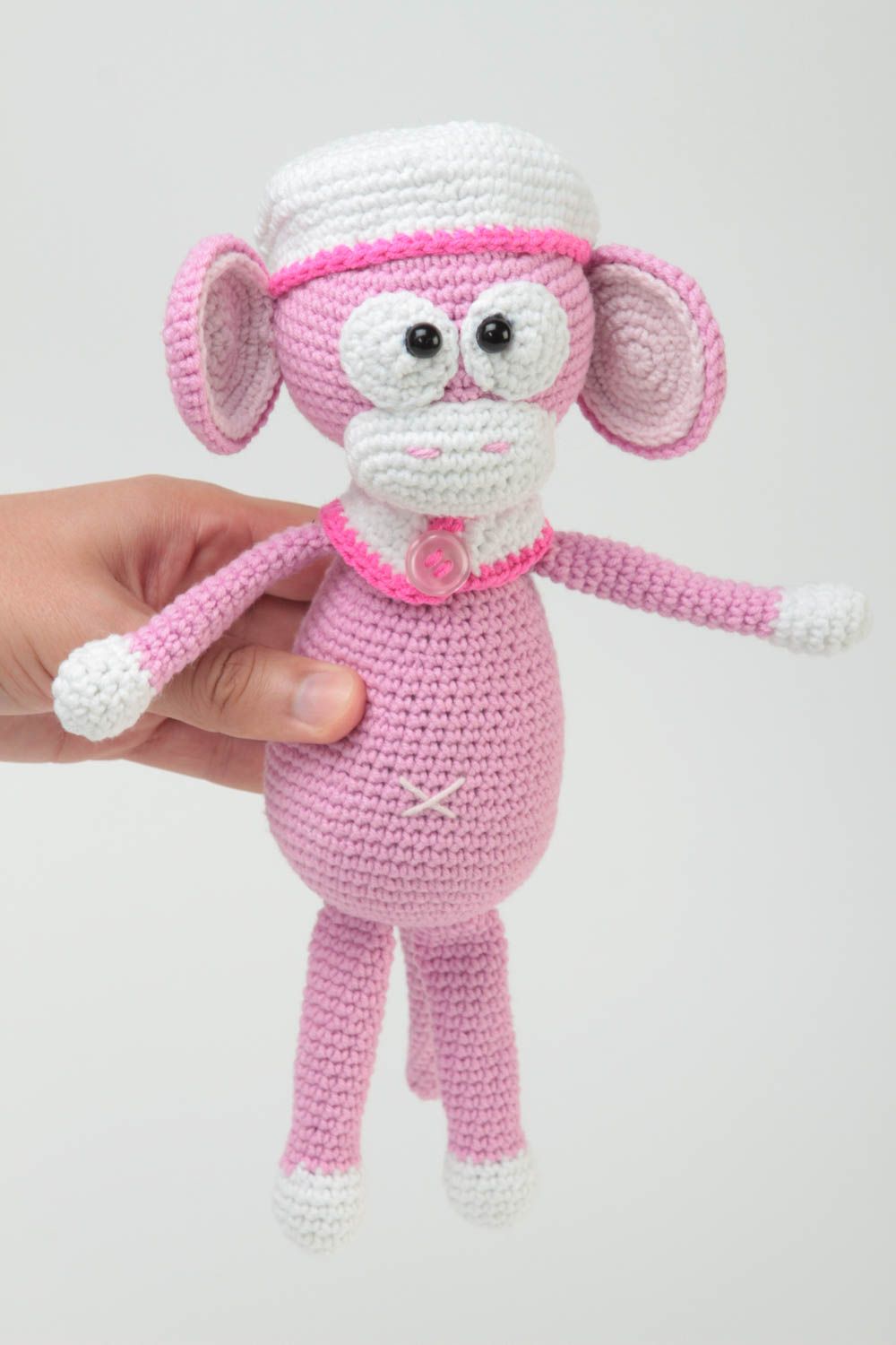 Игрушка обезьянка ручной работы детская игрушка вязаная мягкая игрушка розовая фото 5