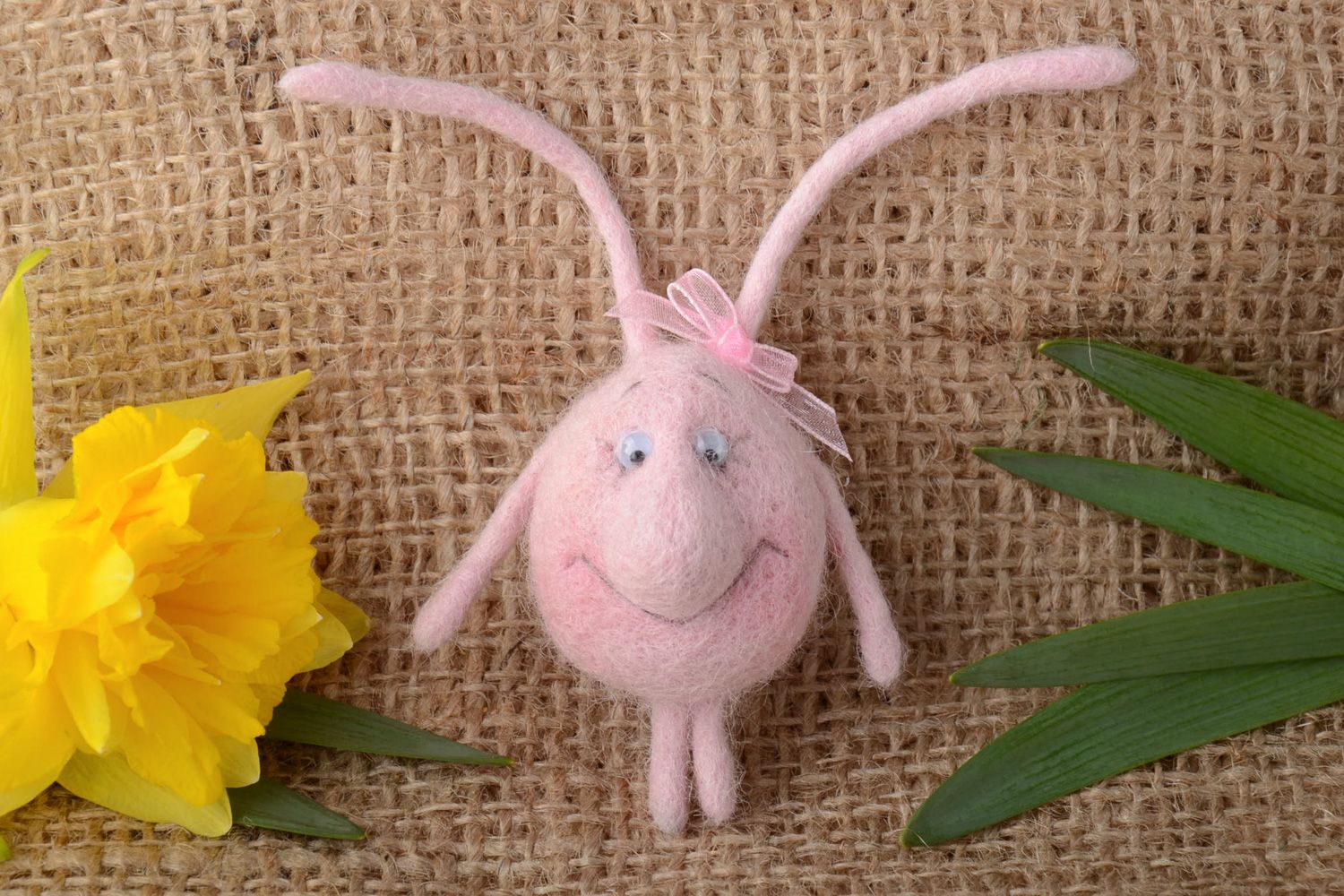 Handmade decorative fridge magnet felted of natural wool charming pink rabbit photo 1