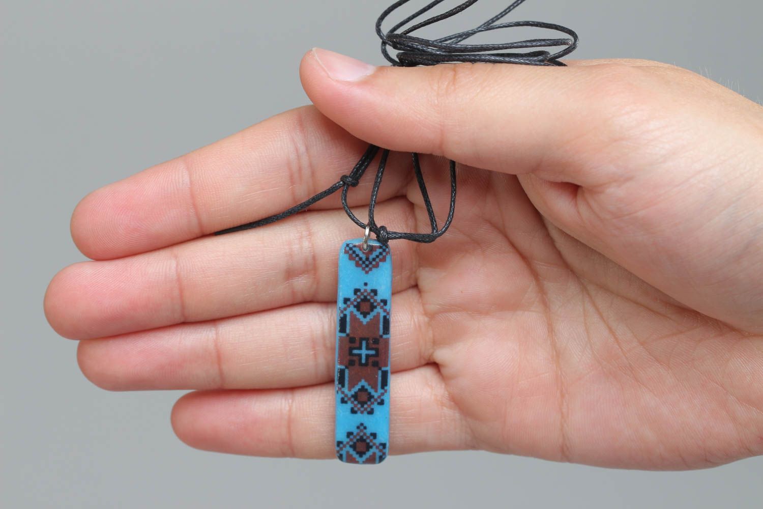 Polymer clay handmade designer pendant with ethnic print on long cord photo 4