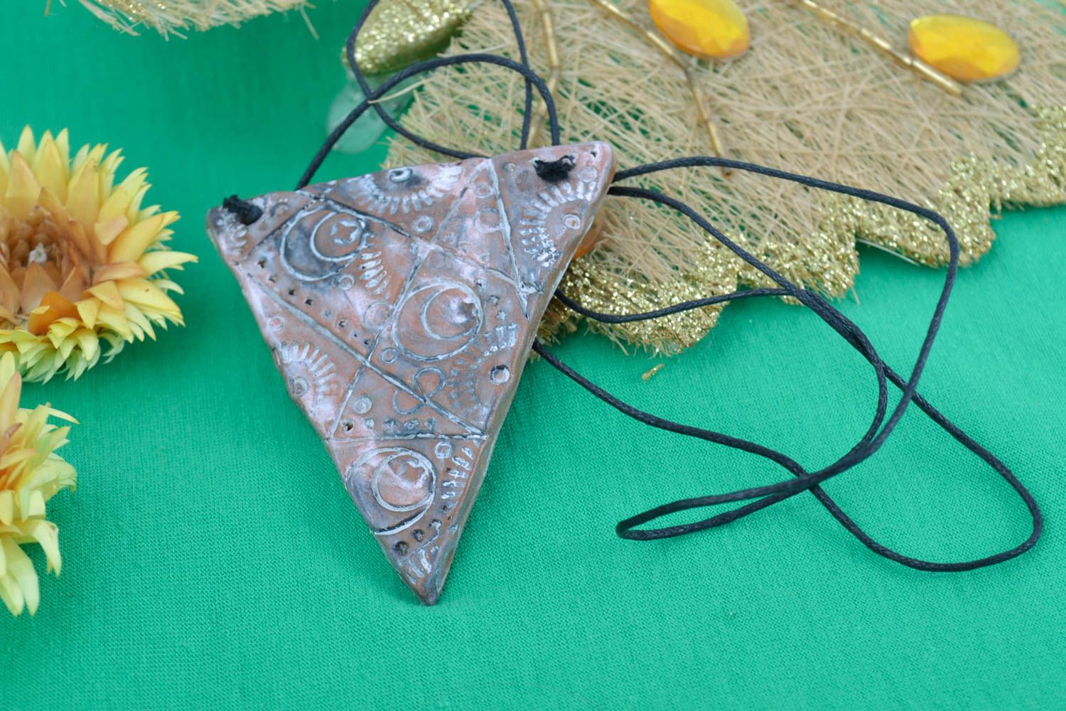 Handmade painted ceramic women's pendant necklace of triangle shape on cord  photo 1
