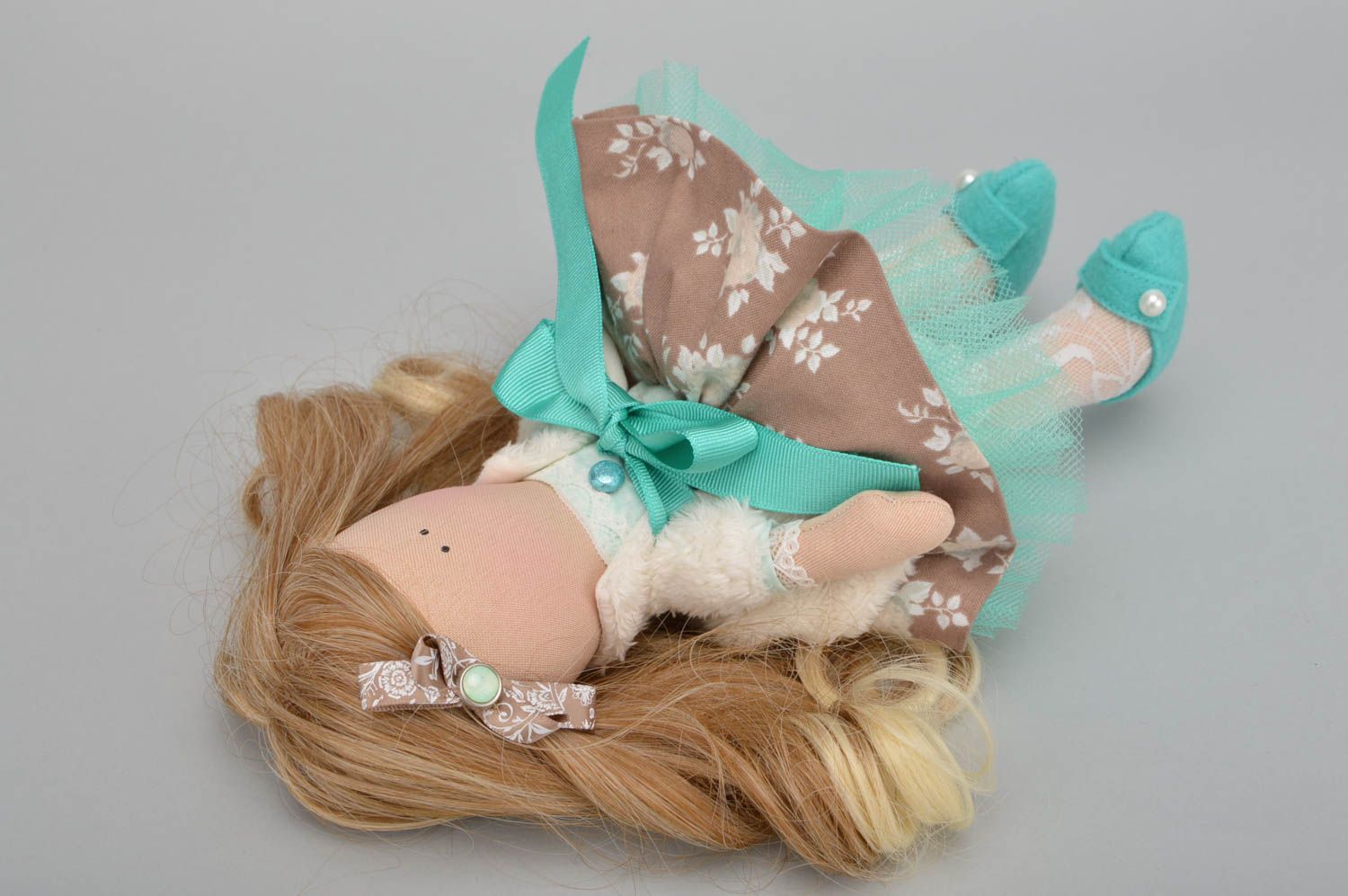 Handmade designer jersey fabric soft doll in beige and turquoise dress photo 4