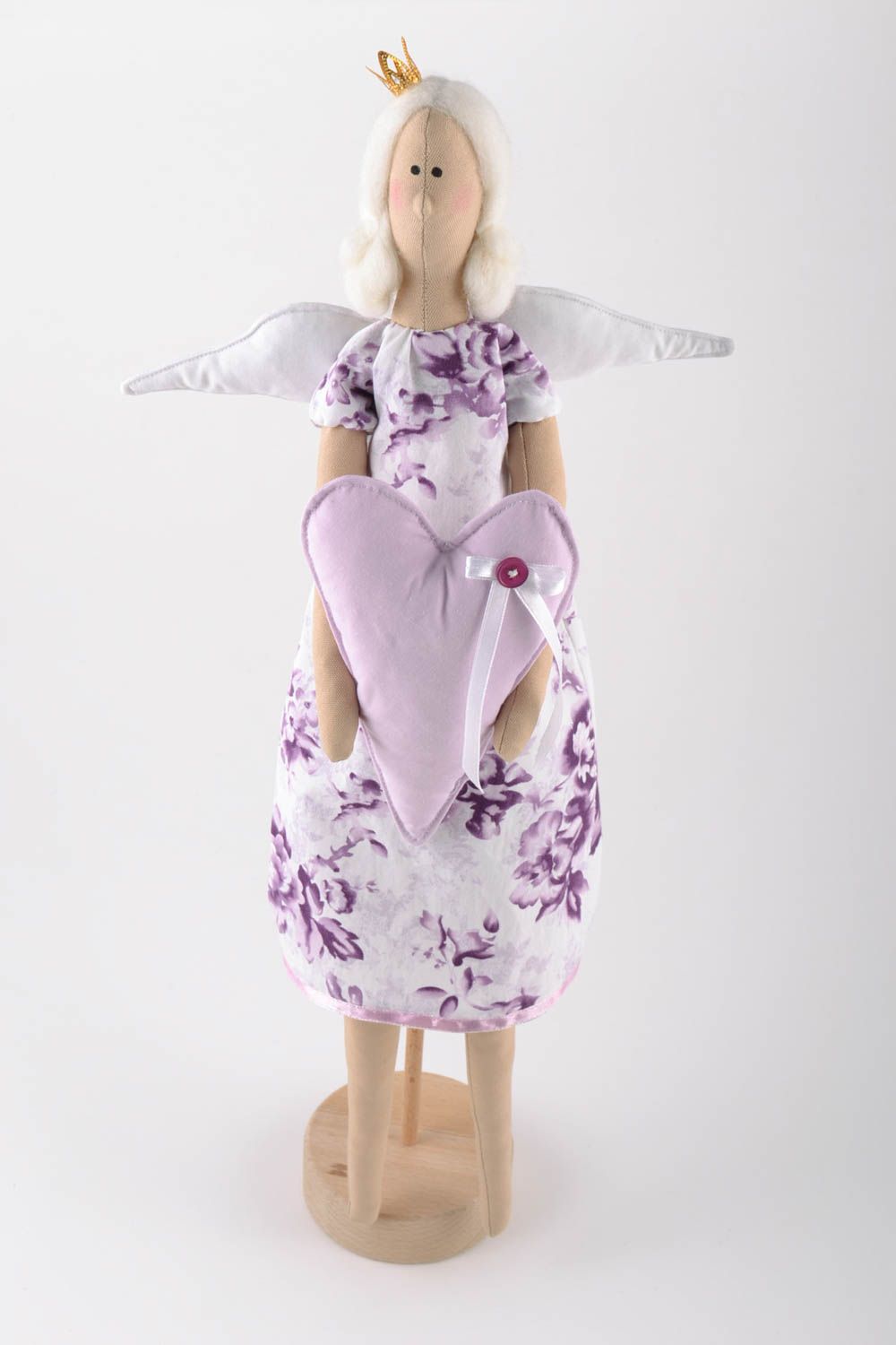Handmade linen fabric soft doll fairy in violet color shades with wooden stand  photo 4