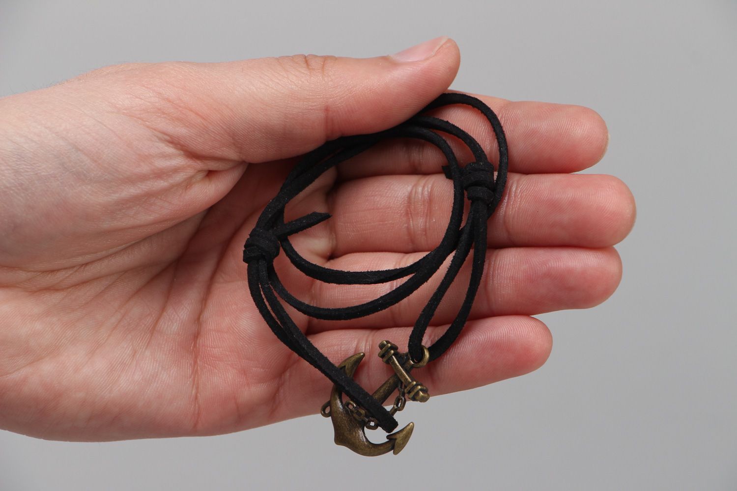 Handmade multi wrap wrist suede cord bracelet with metal anchor charm  photo 3
