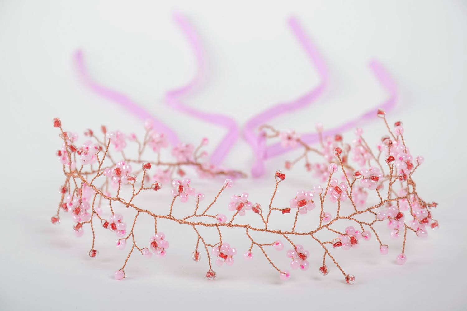Tender handmade elegant headband with beaded pink flower and satin ribbons photo 3