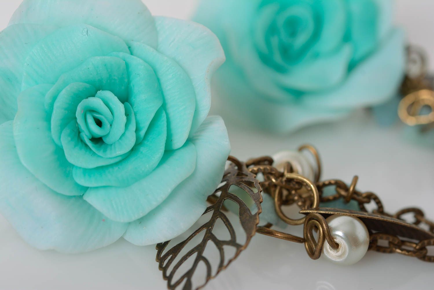 Handmade designer dangle earrings with polymer clay flowers of mint color photo 2