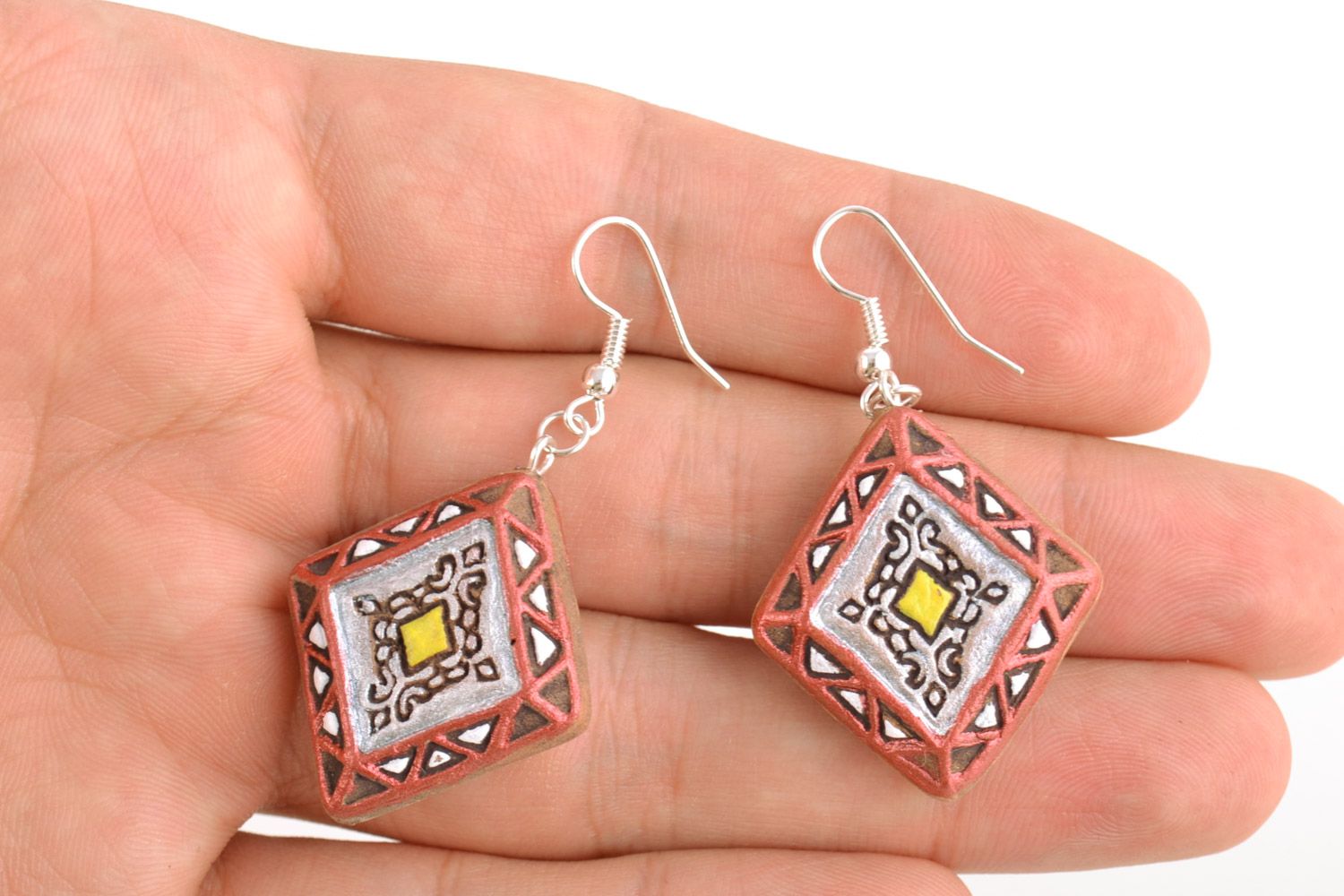 Handmade ceramic dangling earrings in the shape of rhombus with acrylic painting photo 2