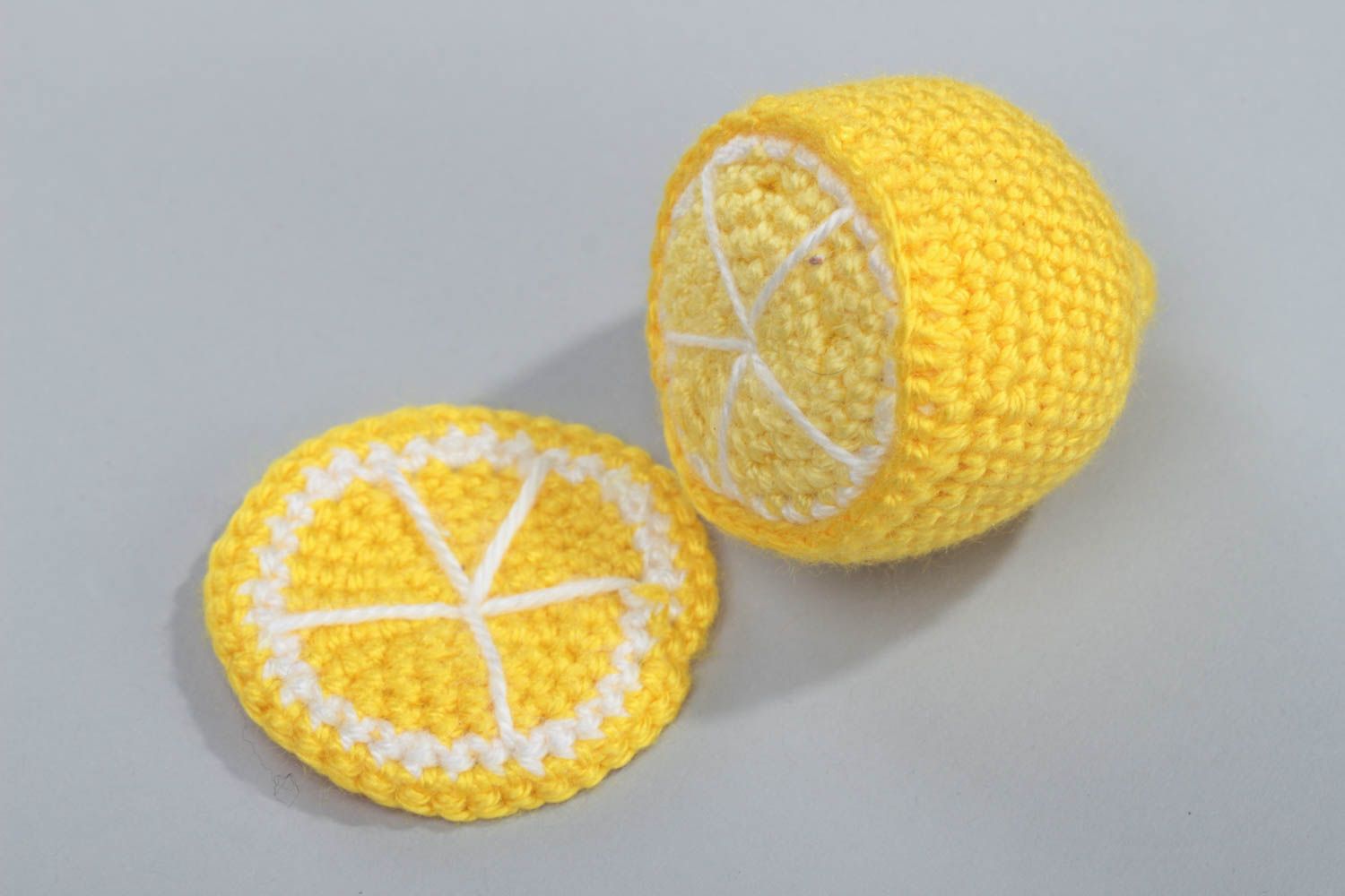 Handmade soft toy lemon crocheted of acrylic threads for kids and interior decor photo 2