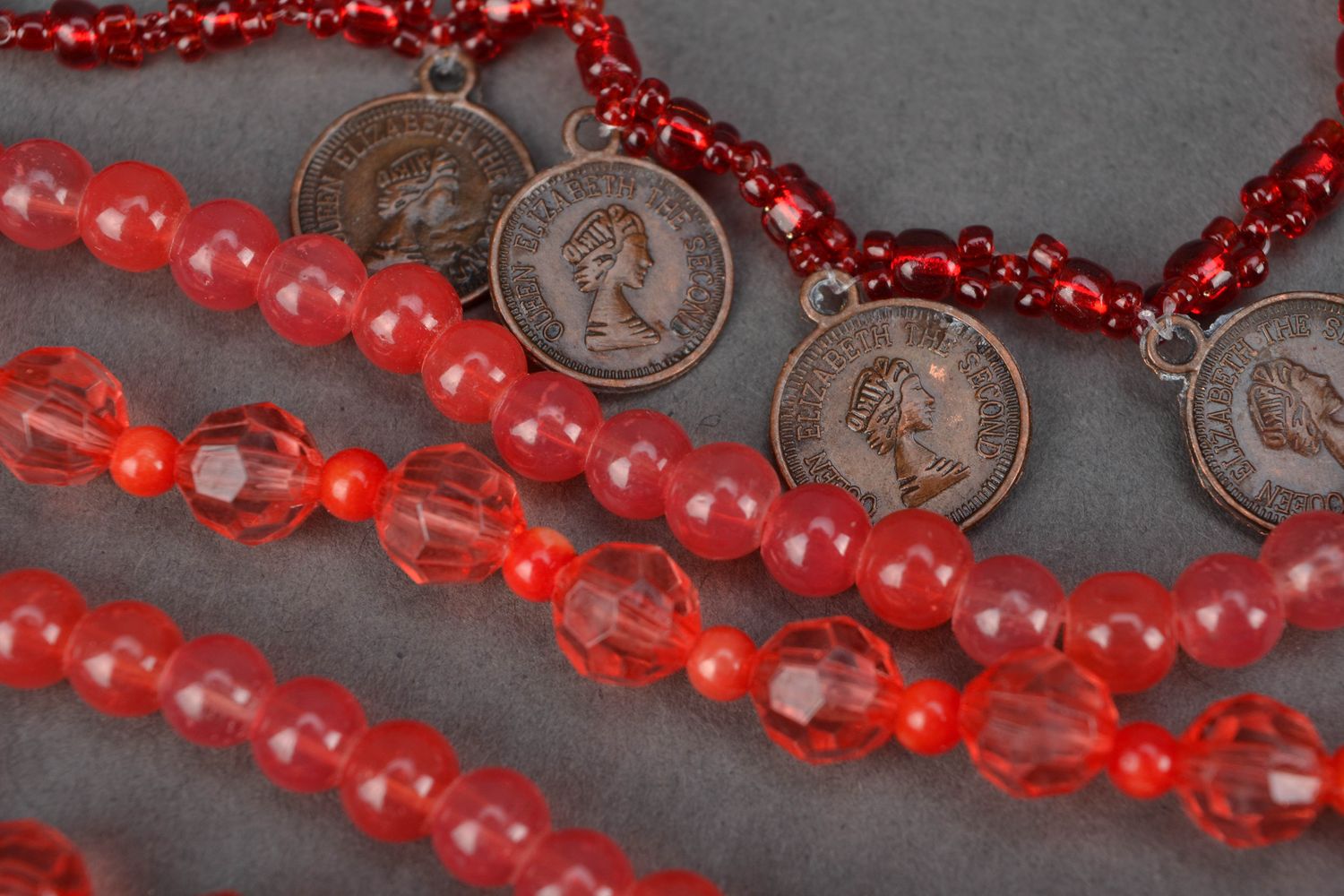 Red glass bead necklace with coins photo 4