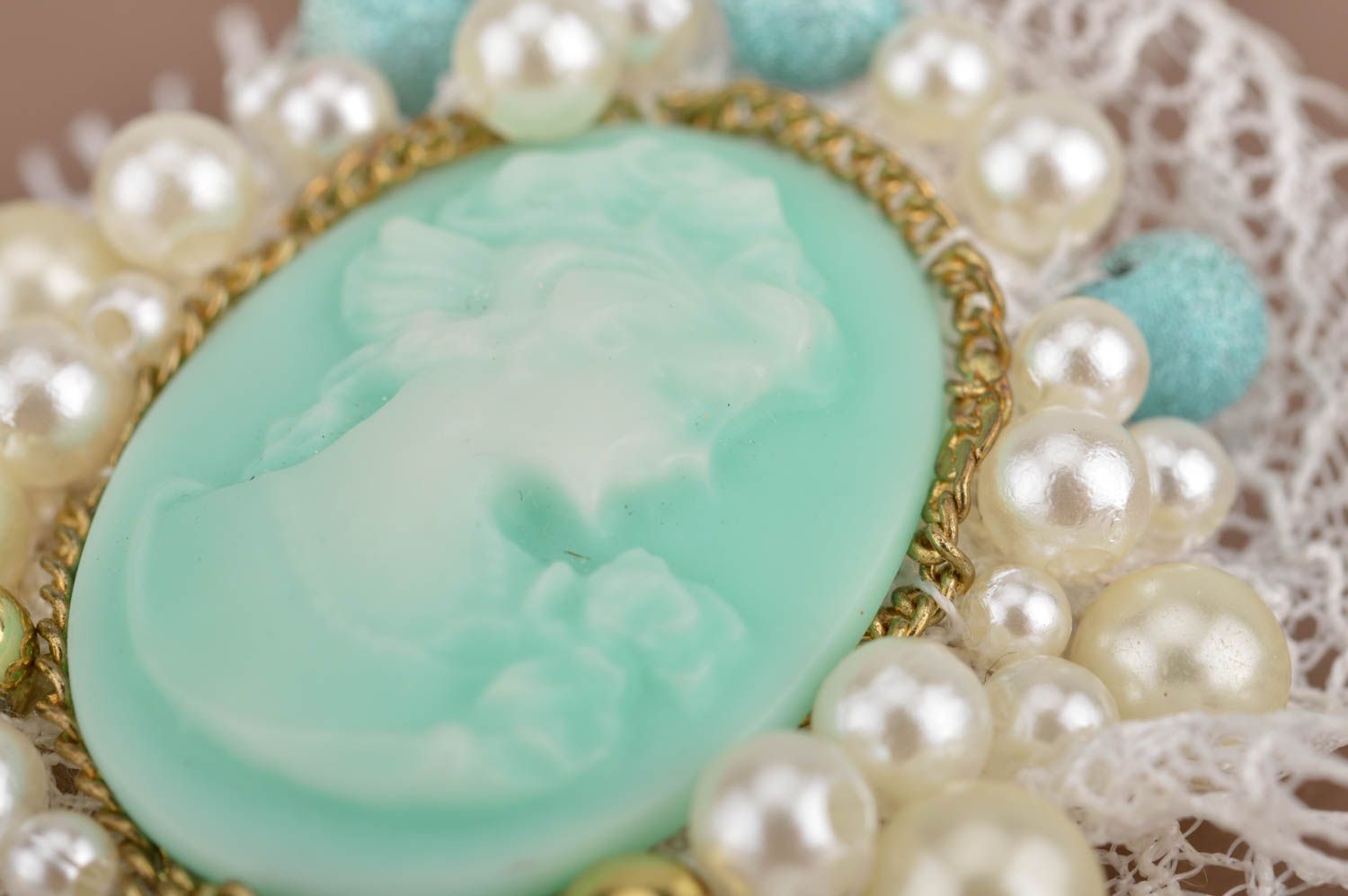 Schmuckset mit Perlen Ring Brosche und Ohrringe mit Spitze handmade für Frauen foto 3