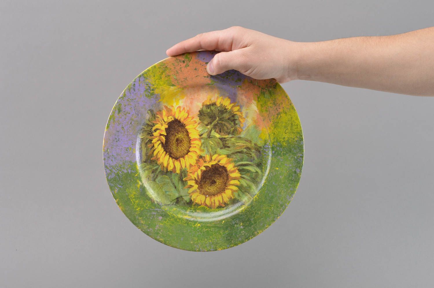Handmade designer unusual decoupage glass wall hanging plate for decor Sunflower photo 4