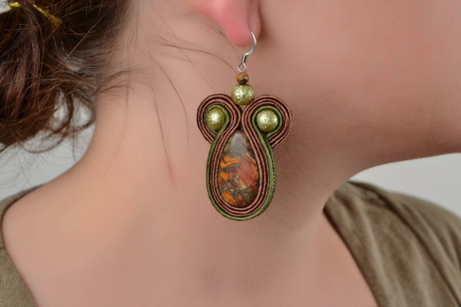 Earrings with natural stones soutache technique handmade massive accessory photo 2